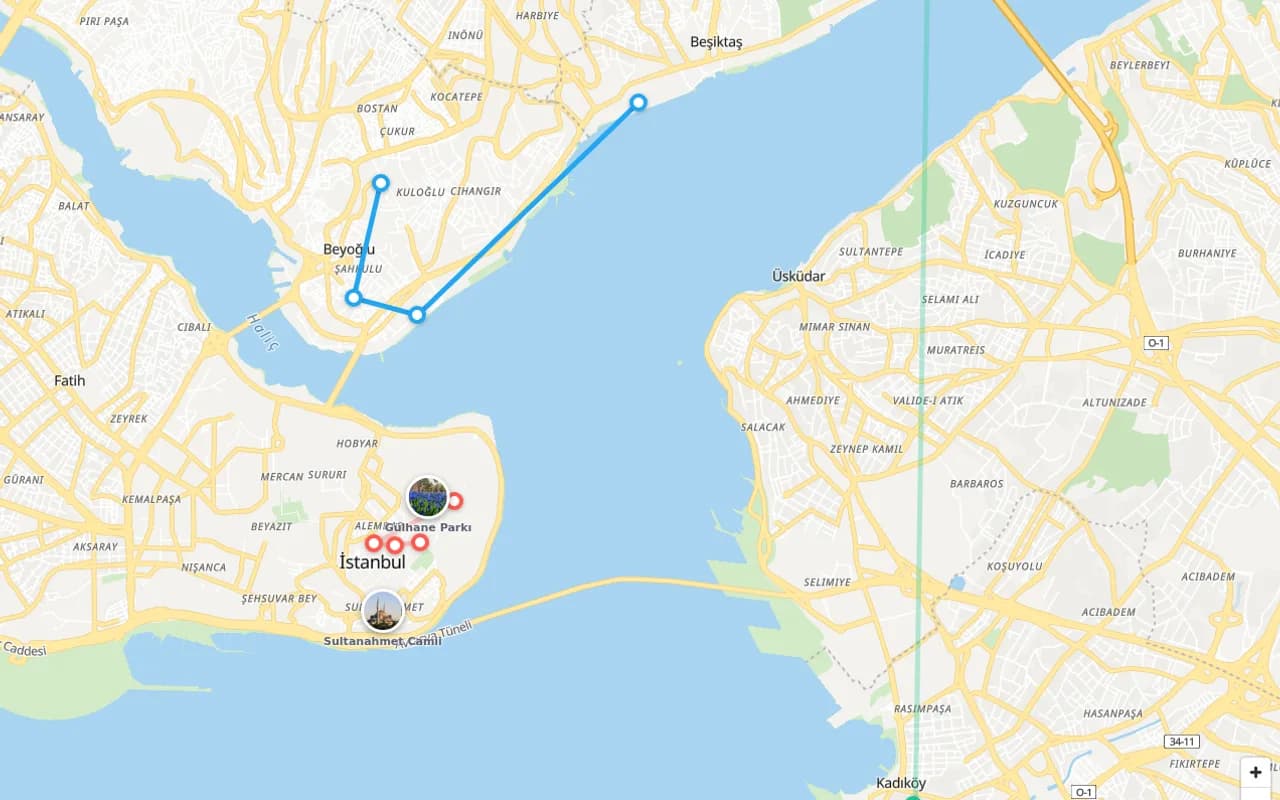 İstanbul planının haritası: günlerin rotaları kendi renklerinde, Boğaz'ın iki yakası