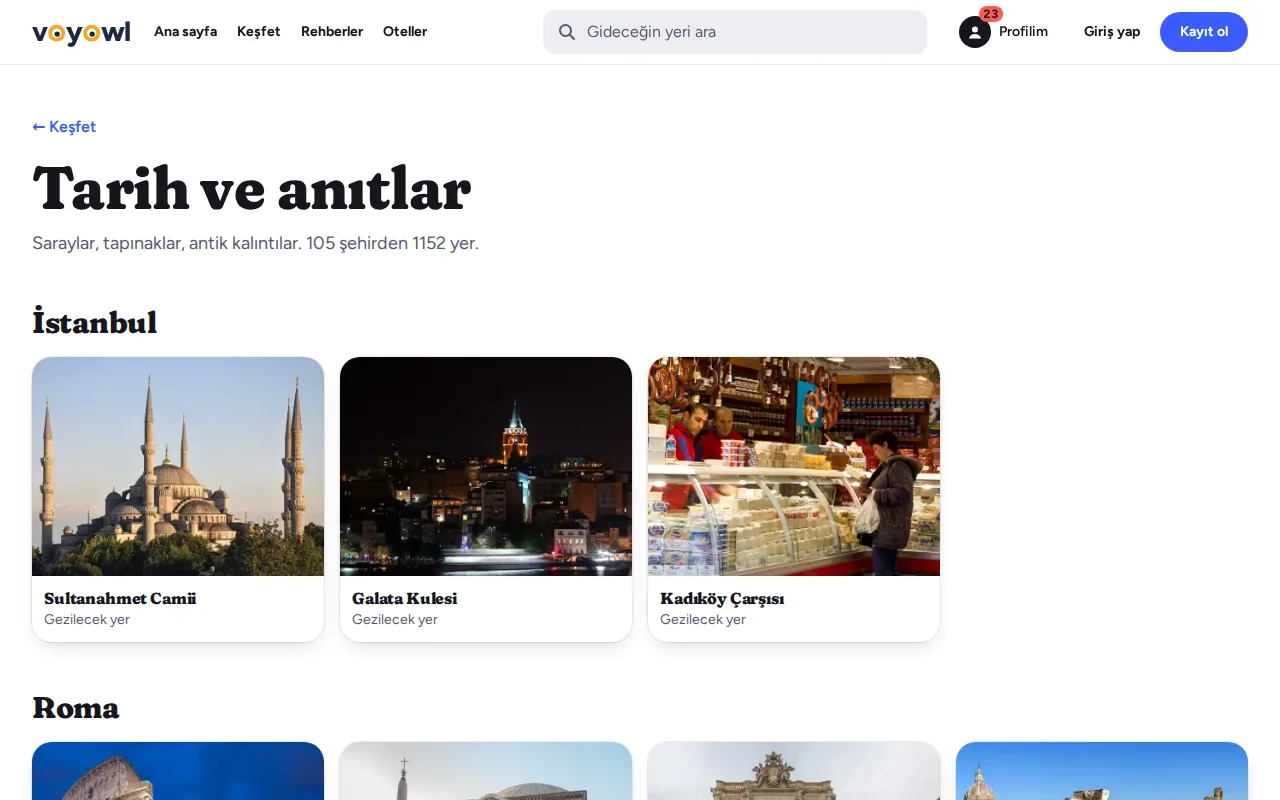Keşfet sayfası: Tarih ve anıtlar, İstanbul ve Roma'dan yerler fotoğraflarıyla