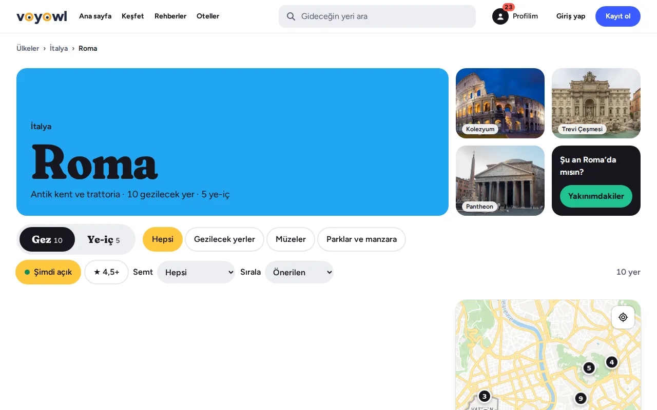 Roma şehir sayfası: şu an açık yerler süzgeci ve harita